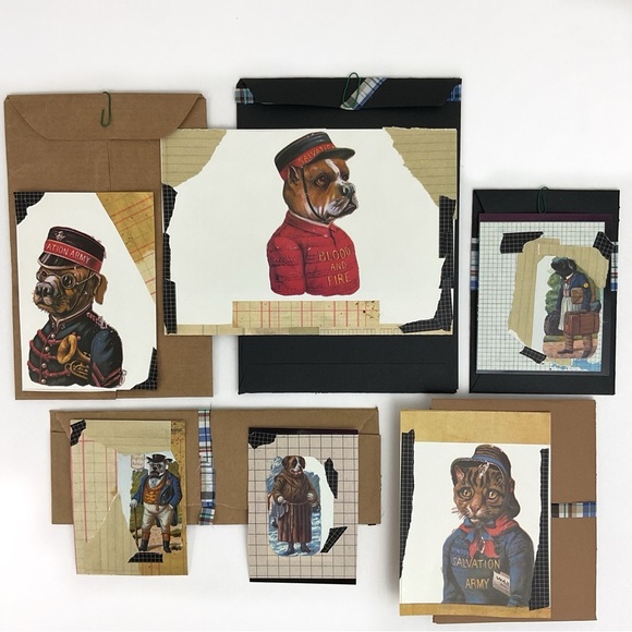 6 handmade anthropomorphic dog & cat note cards set + envelopes - Picture 1 of 7